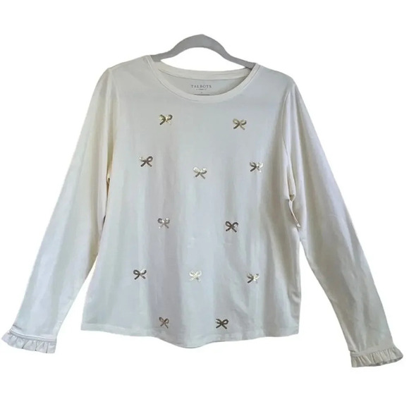 Talbots Plus X Womens Cream Sequin Bow Pullover Blouse - Picture 1 of 14